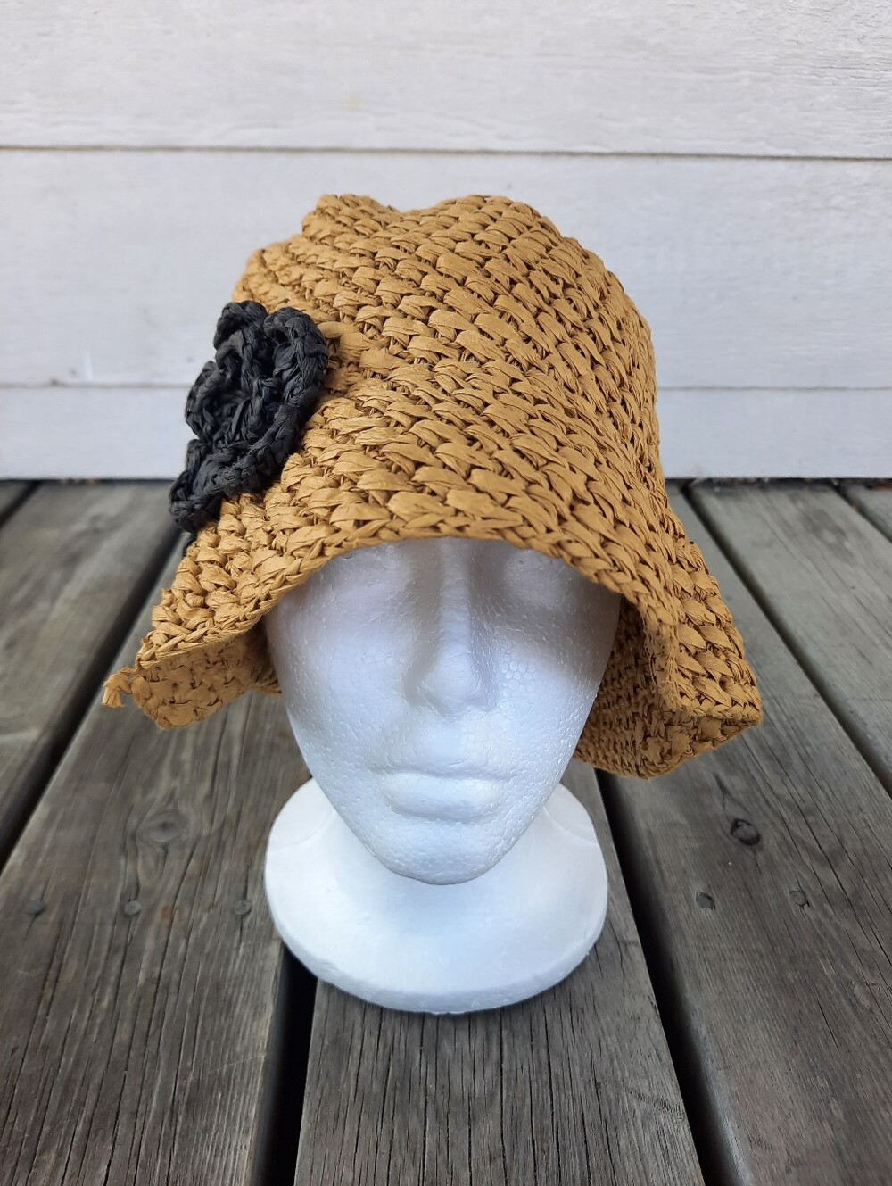 Woven Raffia Paper Summer Bucket Hat With Black 3D Rosettes OS - Picture 3 of 10
